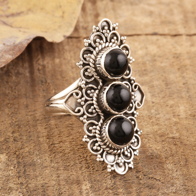 Onyx cocktail ring, 'Vintage Vogue' - Ornate Three-Stone Onyx Cocktail Ring