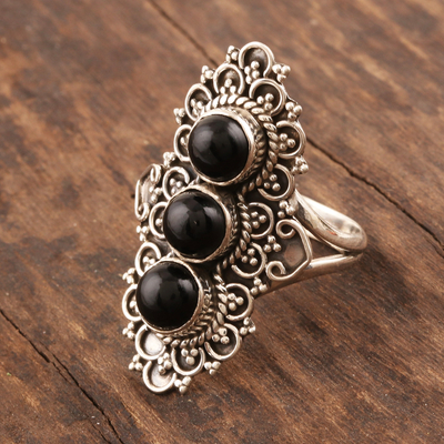 Onyx cocktail ring, 'Vintage Vogue' - Ornate Three-Stone Onyx Cocktail Ring