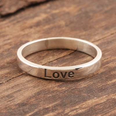 Sterling silver band ring, 'Love for You' - Sterling Silver Band Ring Inscribed with Love