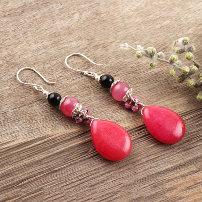 Multi-gemstone beaded dangle earrings, 'Midnight to Dawn' - Pink and Black Beaded Gemstone Earrings