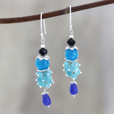 Quartz and spinel beaded dangle earrings, 'Midnight to Morning' - Blue Quartz and Black Spinel Dangle Earrings