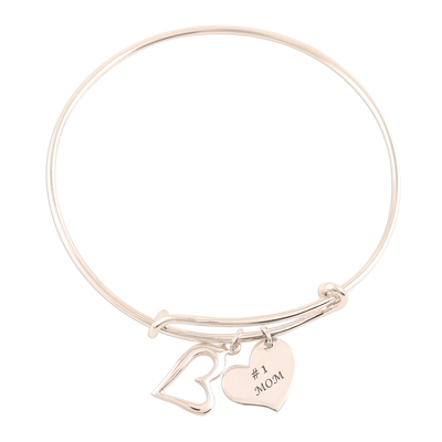 Sterling silver bangle charm bracelet, 'Number One Mom' - Number One Mom Sterling Silver Bangle Bracelet