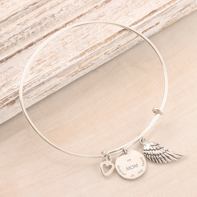 Sterling silver bangle charm bracelet, 'Forever In My Heart' - Sterling Silver Charm Bangle Bracelet for Mother
