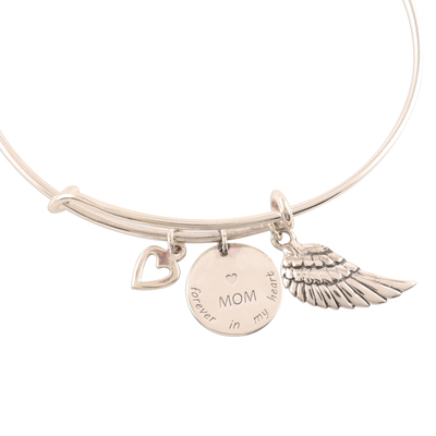 Sterling silver bangle charm bracelet, 'Forever In My Heart' - Sterling Silver Charm Bangle Bracelet for Mother