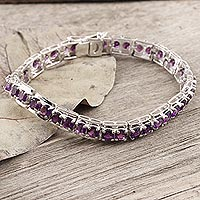 Rhodium plated amethyst link bracelet, 'Pretty Pairs' - Four Carat Amethyst Link Bracelet