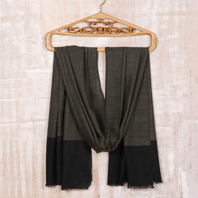 Wool and silk blend shawl, 'Soft Black Tweed' - Black Wool and Silk Blend Kashmir Shawl with Golden Brown