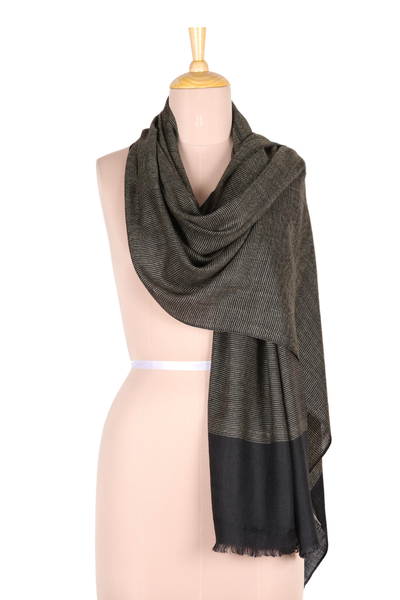 Wool and silk blend shawl, 'Soft Black Tweed' - Black Wool and Silk Blend Kashmir Shawl with Golden Brown