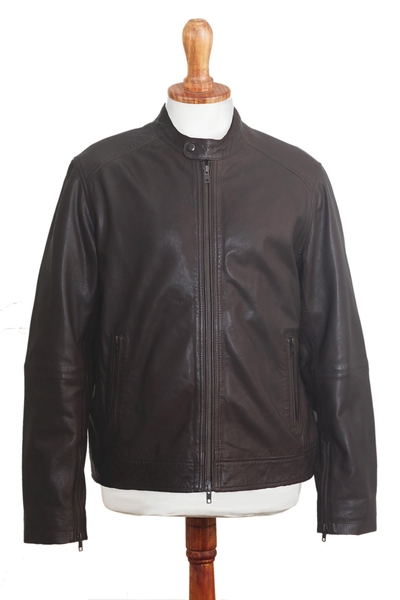Men's leather jacket 'Suave Elegance'  - Classic Men's Leather Biker Jacket in Dark Brown