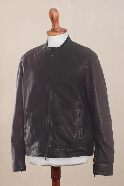 chaqueta de cuero de los hombres - Cazadora Biker de Hombre Clásica de Cuero en Marrón Oscuro