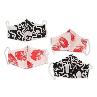Cotton face masks, 'Bold Contrasts' (set of 4) - 4 White w/ Red & w/ Black 2-Layer Cotton Face Masks