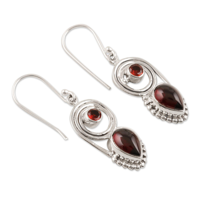 Garnet dangle earrings, 'Wondrous Coil' - Garnet and Sterling Silver Dangle Earrings
