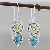 Citrine and composite turquoise dangle earrings, 'Wondrous Coil' - Citrine and Composite Turquoise Dangle Earrings