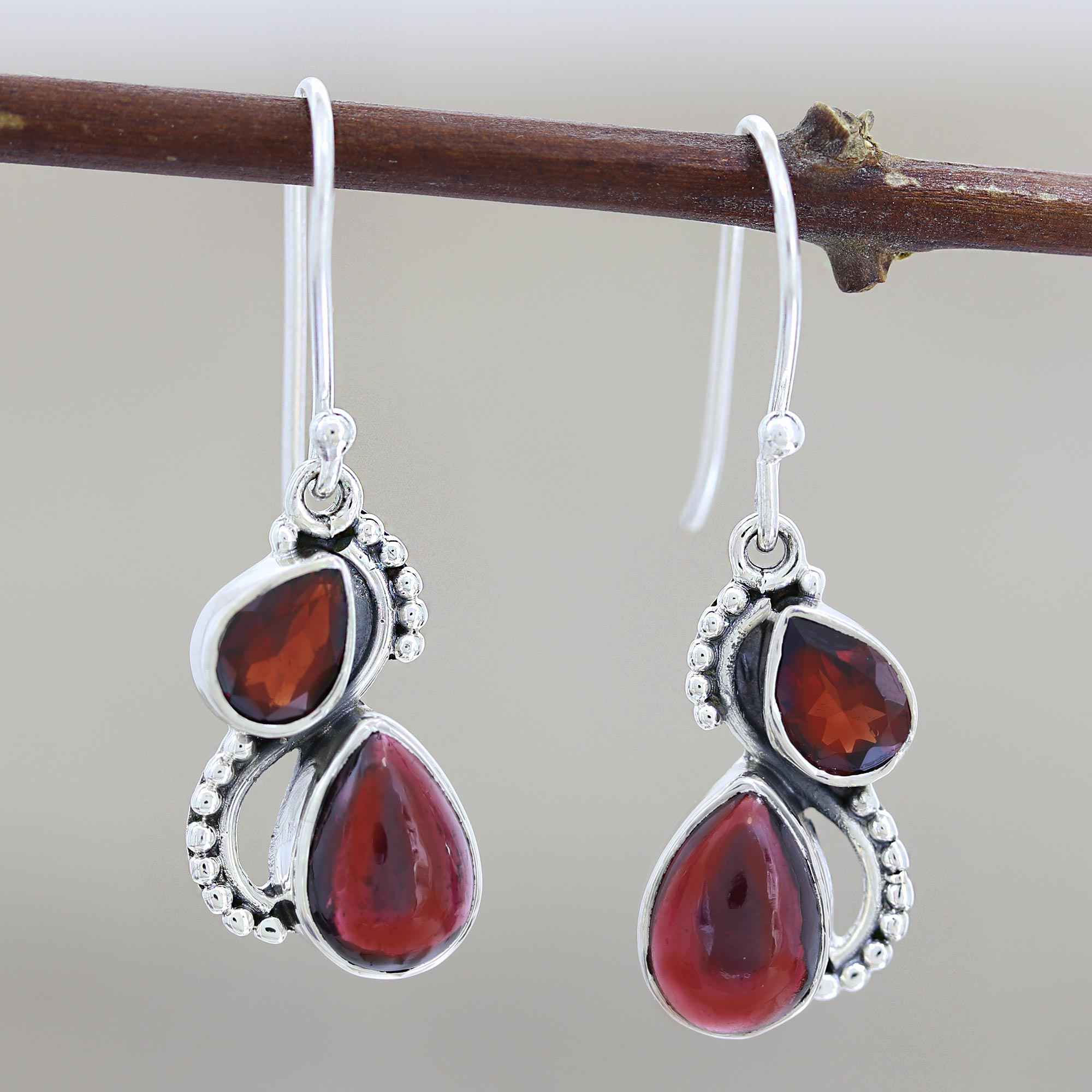 Indian Garnet and Carnelian Dangle Earrings - Dancing Red Gems