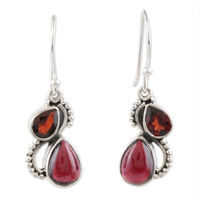 Garnet dangle earrings, 'Fireglow' - Faceted and Cabochon Garnet Dangle Earrings