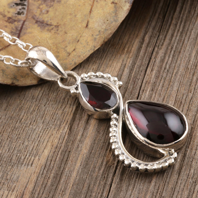 Garnet pendant necklace, 'Fireglow' - Two-Garnet Pendant Necklace from India