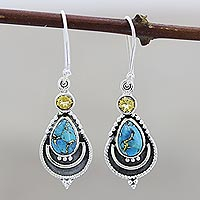 Citrine and composite turquoise dangle earrings, 'Aravalli Allure - Citrine and Composite Turquoise Earrings from India