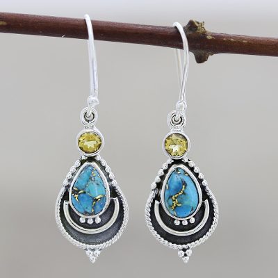 Citrine and composite turquoise dangle earrings, 'Aravalli Allure - Citrine and Composite Turquoise Earrings from India