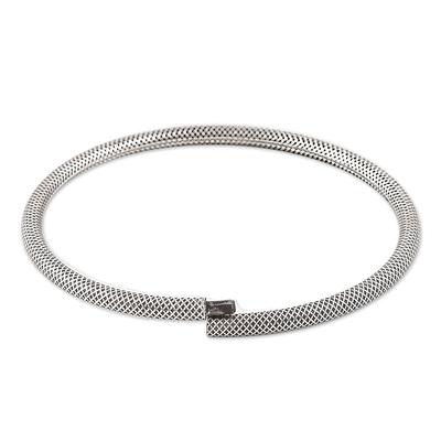 Sterling silver bangle bracelet, 'Grid' - Fine Grid Mesh Motif Sterling Silver Bangle Bracelet