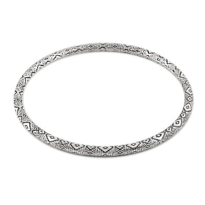 Sterling silver bangle bracelet, 'Diamond Saga' - Diamond Motif Sterling Silver Bangle Bracelet