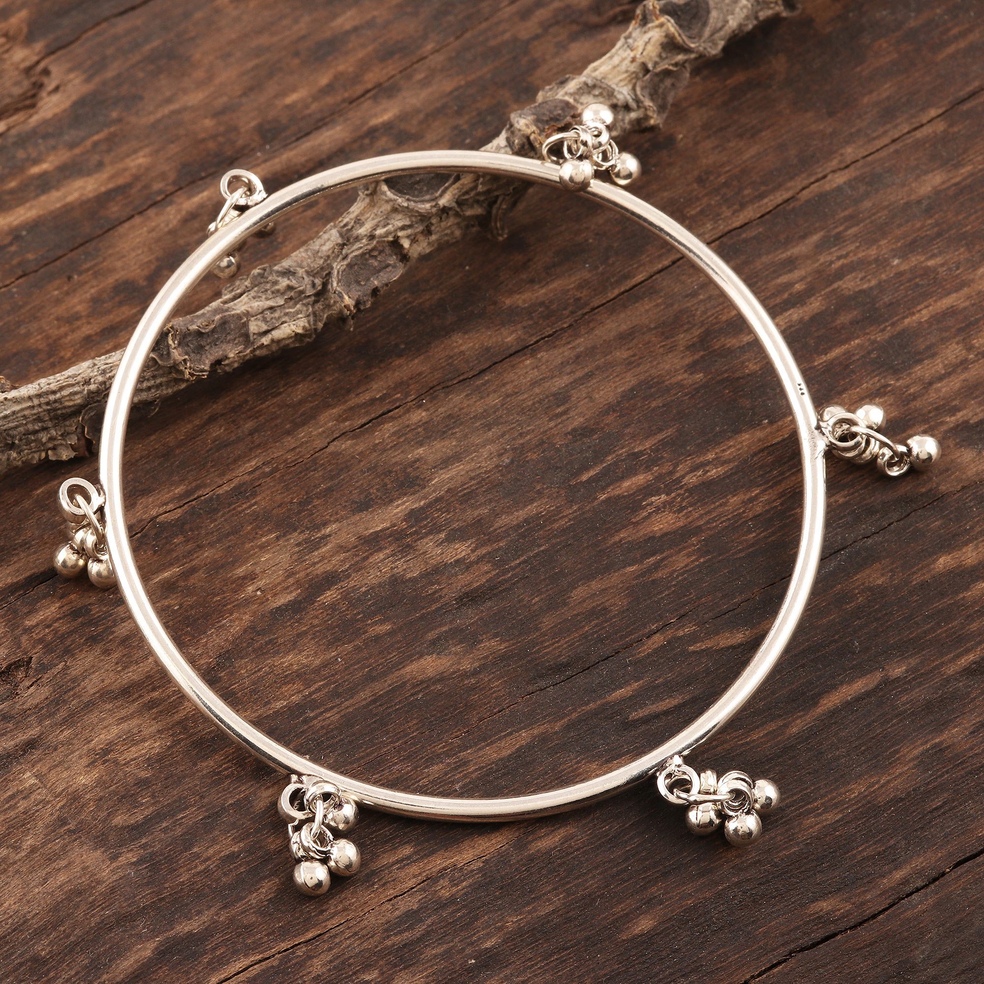 Sterling Silver Bangle Bracelet with Tiny Bells Ghungru Bliss NOVICA