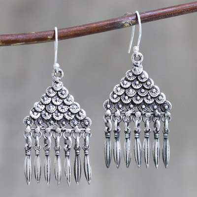 Sterling silver dangle earrings, 'Pyramid of Loops' - Oxidized Sterling Silver Dangle Earrings Pyramid Motif
