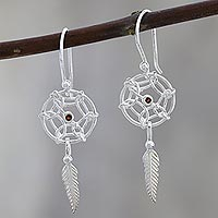 Garnet dangle earrings, 'Fantastical Dream' - Sterling Silver Dreamcatcher Earrings with Garnet