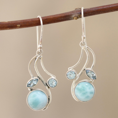 Larimar and blue topaz dangle earrings, 'Triple Fascination' - Blue Topaz and Larimar Dangle Earrings