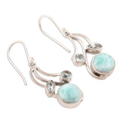 Larimar and blue topaz dangle earrings, 'Triple Fascination' - Blue Topaz and Larimar Dangle Earrings