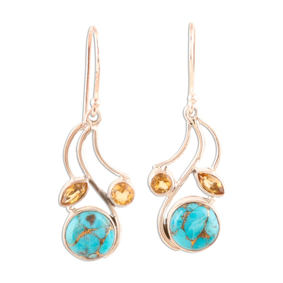 Citrine and composite turquoise dangle earrings, 'Triple Fascination' - Citrine and Composite Turquoise Earrings