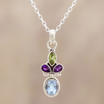 Multi-gemstone pendant necklace, 'Petal Party' - Pendant Necklace with Peridot, Blue Topaz and Amethyst