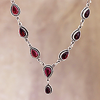 Garnet pendant necklace, 'On the Bright Side' - Garnet Cabochon Pendant Necklace