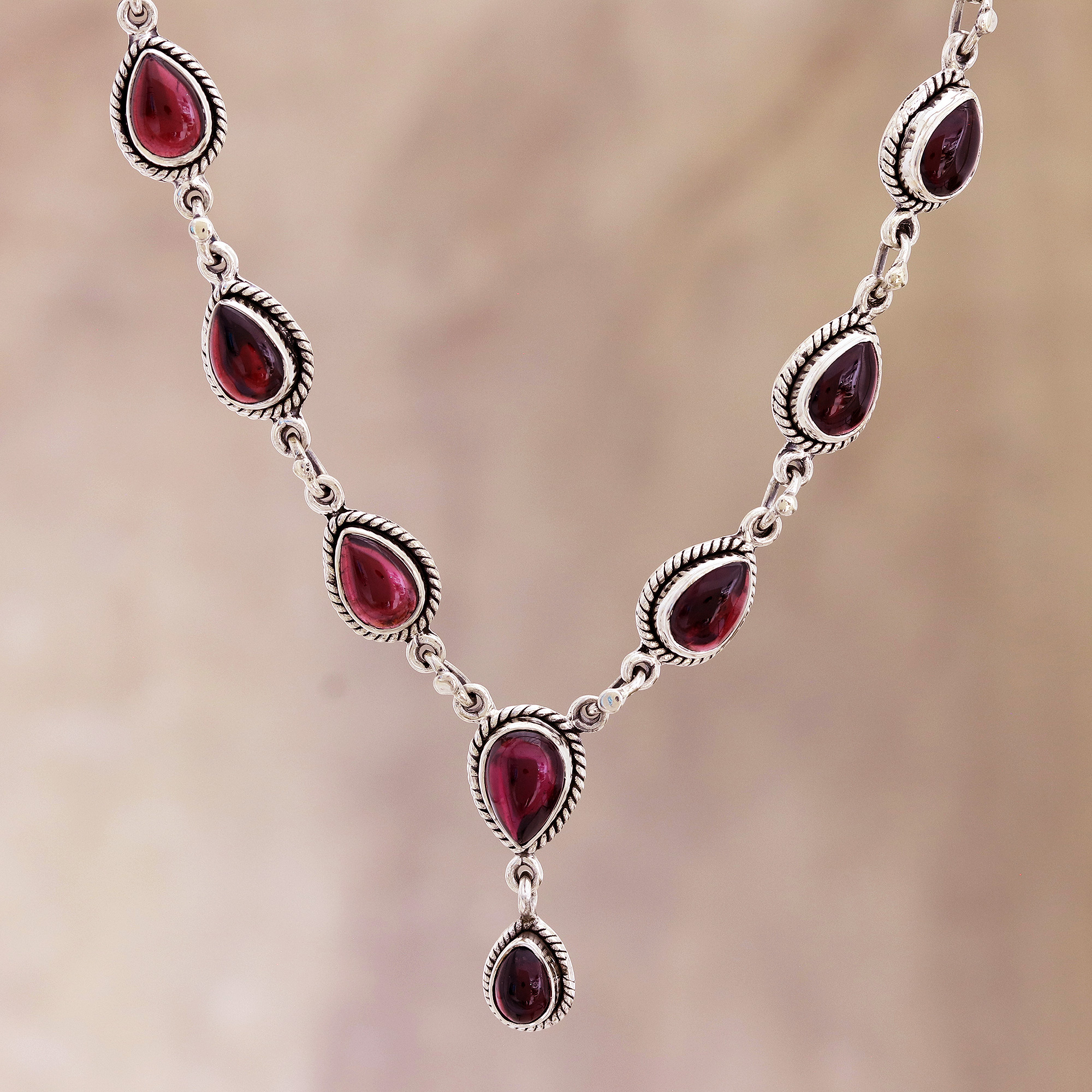 Sterling Silver Real Cabochon Garnet Necklace Pendant 1" Made In India 