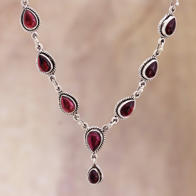 Garnet pendant necklace, 'On the Bright Side' - Garnet Cabochon Pendant Necklace