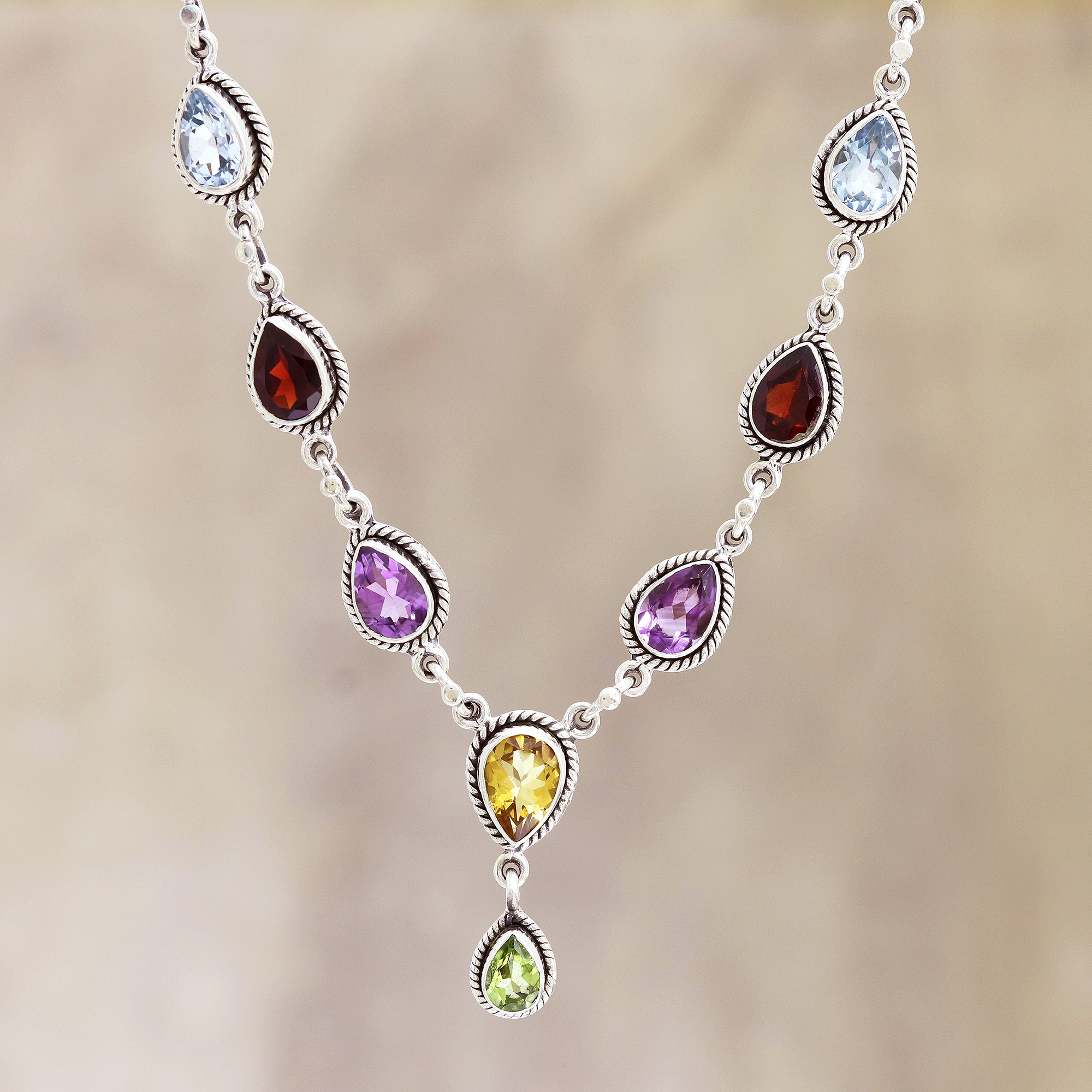 Multi-Gemstone and Sterling Silver Necklace, 'On the Bright Side'