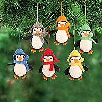 Wool felt ornaments, 'Cozy Penguins' (set of 6) - Handmade Felted Wool Penguin ornaments (Set of 6)