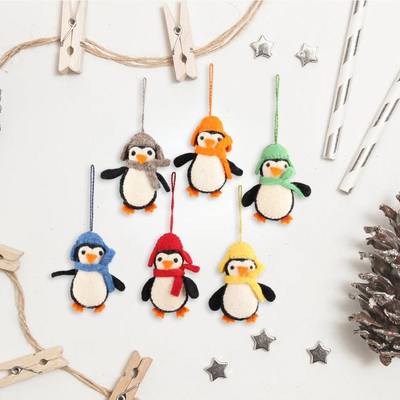 Wool felt ornaments, 'Cozy Penguins' (set of 6) - Handmade Felted Wool Penguin ornaments (Set of 6)