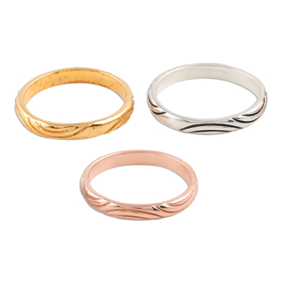 Gold plated and sterling silver stacking rings, 'Triple Union' (set of 3) - Gold and Silver Engraved Stacking Band Rings (Set of 3)