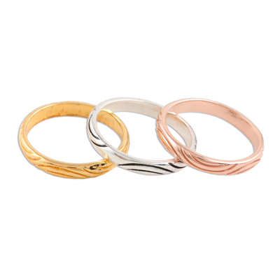 Gold plated and sterling silver stacking rings, 'Triple Union' (set of 3) - Gold and Silver Engraved Stacking Band Rings (Set of 3)