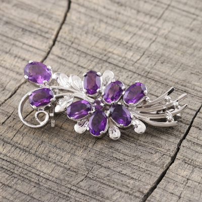 Amethyst brooch, 'Purple Bouquet' - Purple Bouquet Amethyst Rhodium Plated Silver Brooch