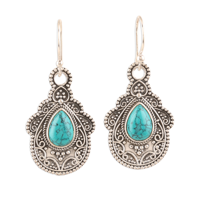 Sterling silver dangle earrings, 'Agra Aesthetic' - Oxidized Silver and Reconstituted Turquoise Earrings