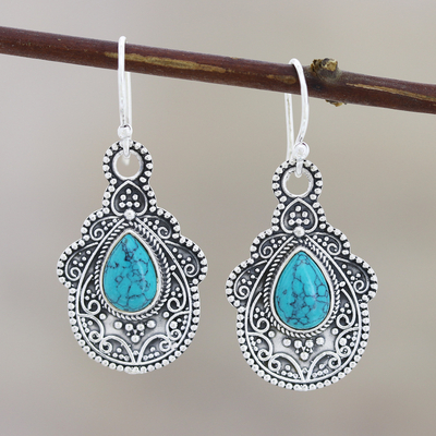 Sterling silver dangle earrings, 'Agra Aesthetic' - Oxidized Silver and Reconstituted Turquoise Earrings