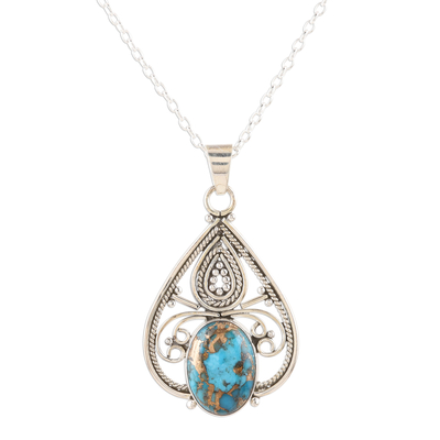 Sterling silver pendant necklace, 'Agra Affinity' - Hand Crafted Sterling and Reconstituted Turquoise Necklace
