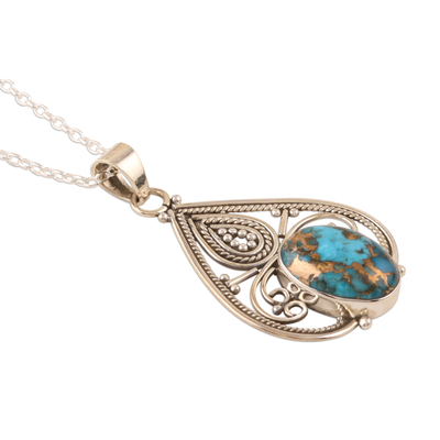 Sterling silver pendant necklace, 'Agra Affinity' - Hand Crafted Sterling and Reconstituted Turquoise Necklace