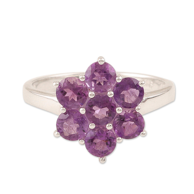 Amethyst cocktail ring, 'Treasured Flower' - Amethyst and Sterling Silver Flower Ring