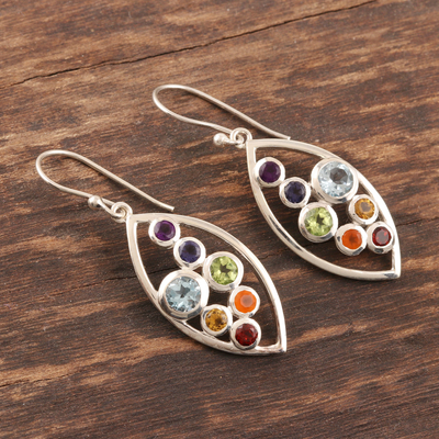Multi-gemstone dangle earrings, 'Leafy Chakra' - Sterling Silver Dangle Earrings with Chakra Gemstones