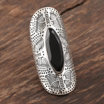 Onyx cocktail ring, 'Butterfly Black Magic' - Butterfly-Motif Black Onyx Cocktail Ring