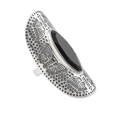 Onyx cocktail ring, 'Butterfly Black Magic' - Butterfly-Motif Black Onyx Cocktail Ring
