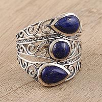 Lapis lazuli cocktail ring, 'Coming and Going' - Three Stone Lapis Lazuli and Sterling Silver Cocktail Ring