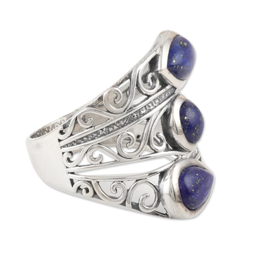 Lapis lazuli cocktail ring, 'Coming and Going' - Three Stone Lapis Lazuli and Sterling Silver Cocktail Ring