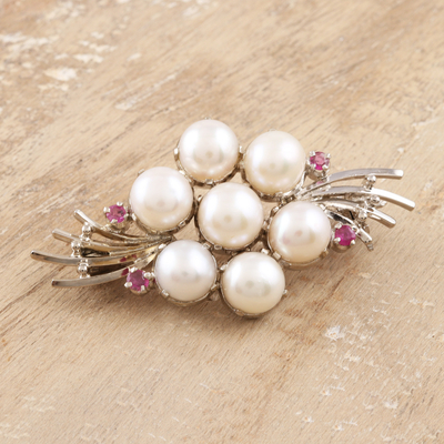 Cultured pearl and ruby brooch pin, Precious Bouquet